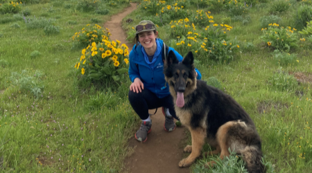 Rachel hiking with her dog Skylar